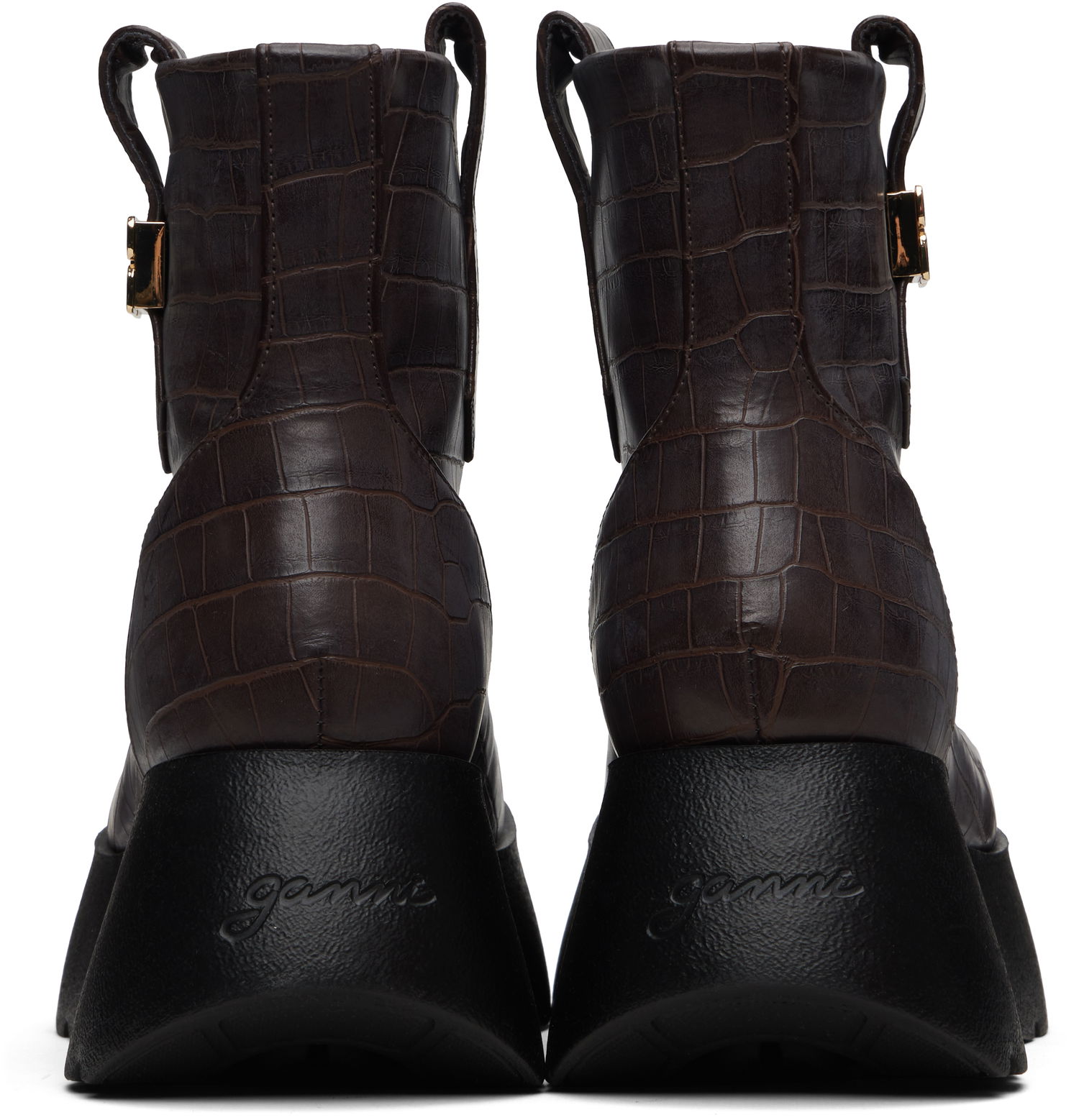 Кецове и обувки GANNI Kat Crocodile-Embossed Platform Low Boots with Buckle Кафяво | S3235, 1