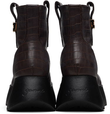 Кецове и обувки GANNI Kat Crocodile-Embossed Platform Low Boots with Buckle Кафяво | S3235, 1