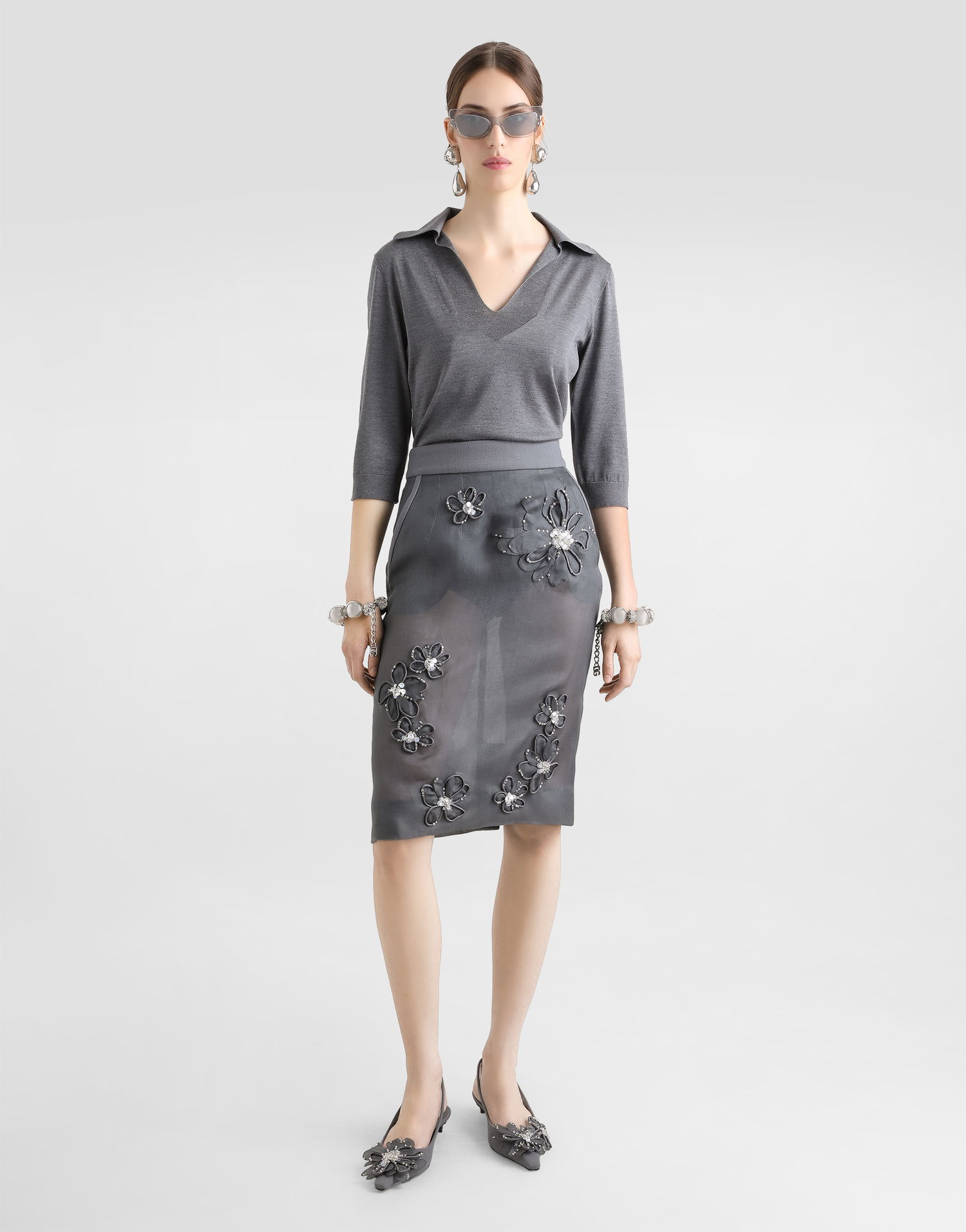 Пола Dolce & Gabbana Dolce & Gabbana Organza Midi Skirt with Floral Embroidery Сиво | F4C1BZGDCTCS8400, 1