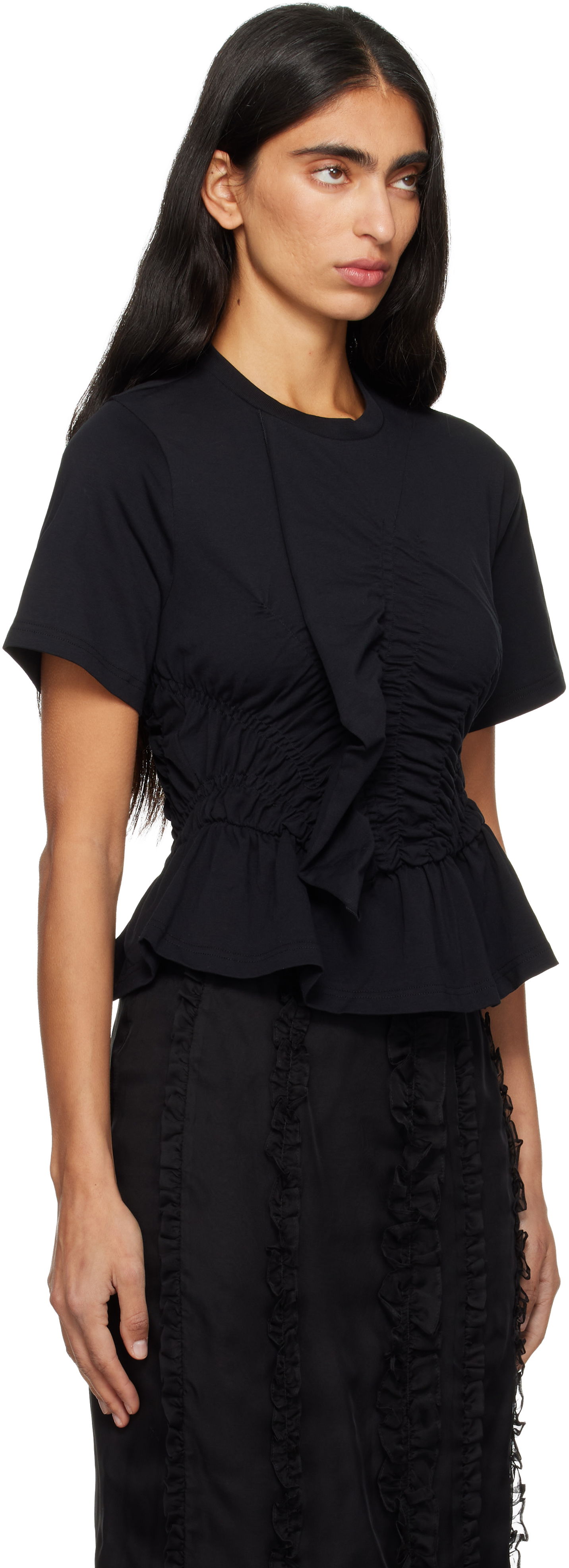 Тениска Cecilie Bahnsen Cecilie Bahnsen Ace Short-Sleeve Ruched Peplum T-shirt Черно | 3.25RTW19001, 1