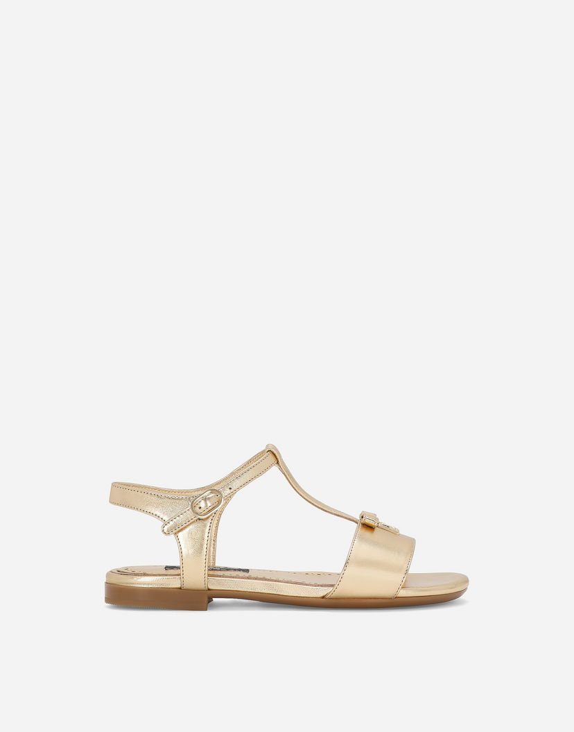 Кецове и обувки Dolce & Gabbana Foiled Leather T-bar Flat Sandals with Buckle Fastening Металик | D11155A543987601