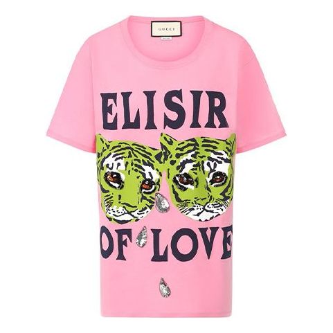 Тениска Gucci Gucci Cotton Tiger Print T-Shirt Розово | 492347-XJBHQ-5901