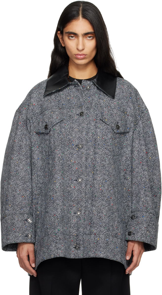 Speckled Herringbone Leather-Collar Utility Jacket