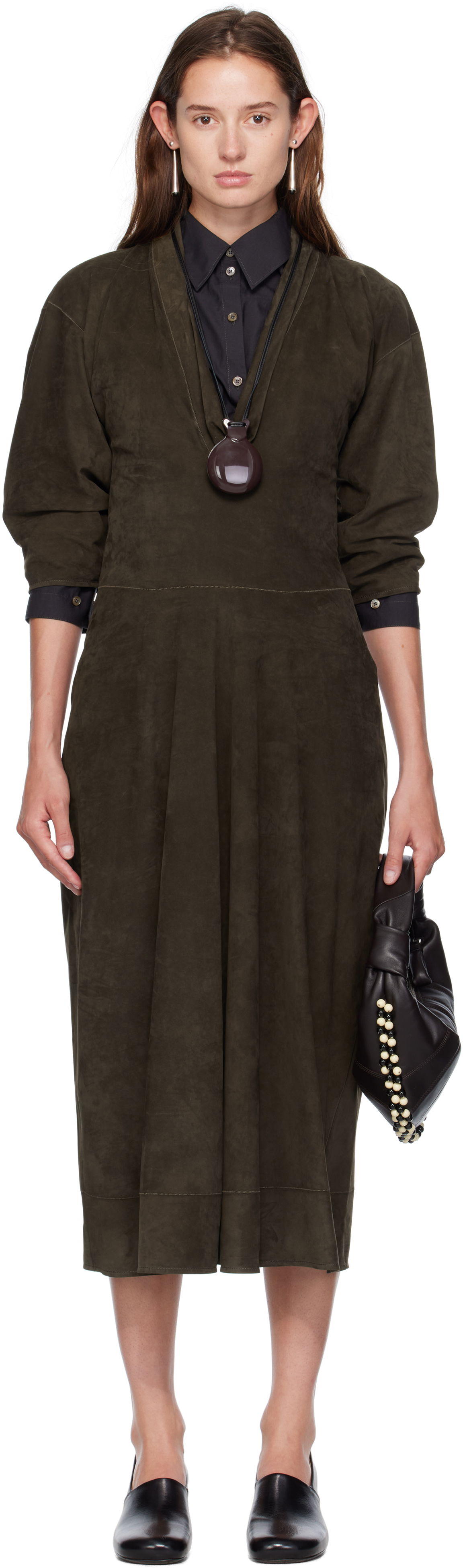 Pокля LEMAIRE Lemaire V-Neck Nubuck Midi Dress Зелено | DR1122 LL0148, 0