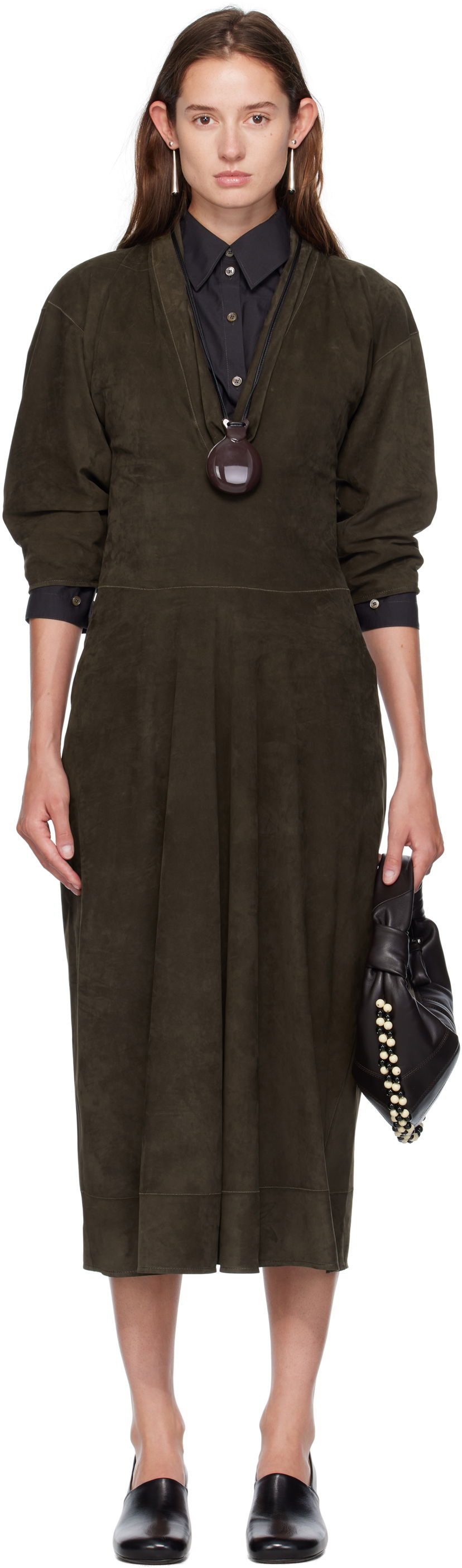 Pокля LEMAIRE Lemaire V-Neck Nubuck Midi Dress Зелено | DR1122 LL0148