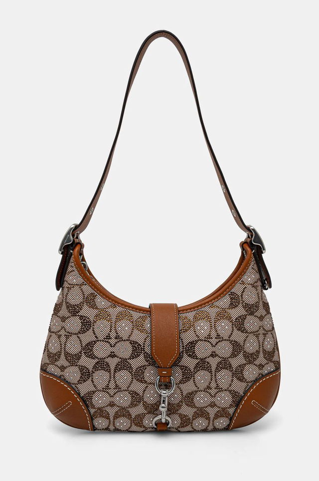 Brown Signature Embellished Canvas Shoulder Bag