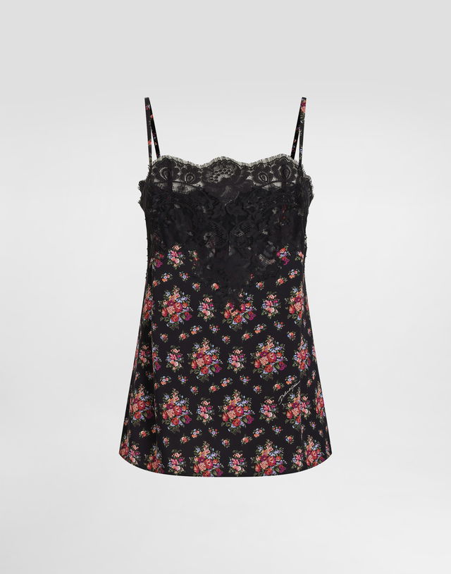 Dolce & Gabbana Small Flower Bouquets-print Lace-trim Charmeuse Top