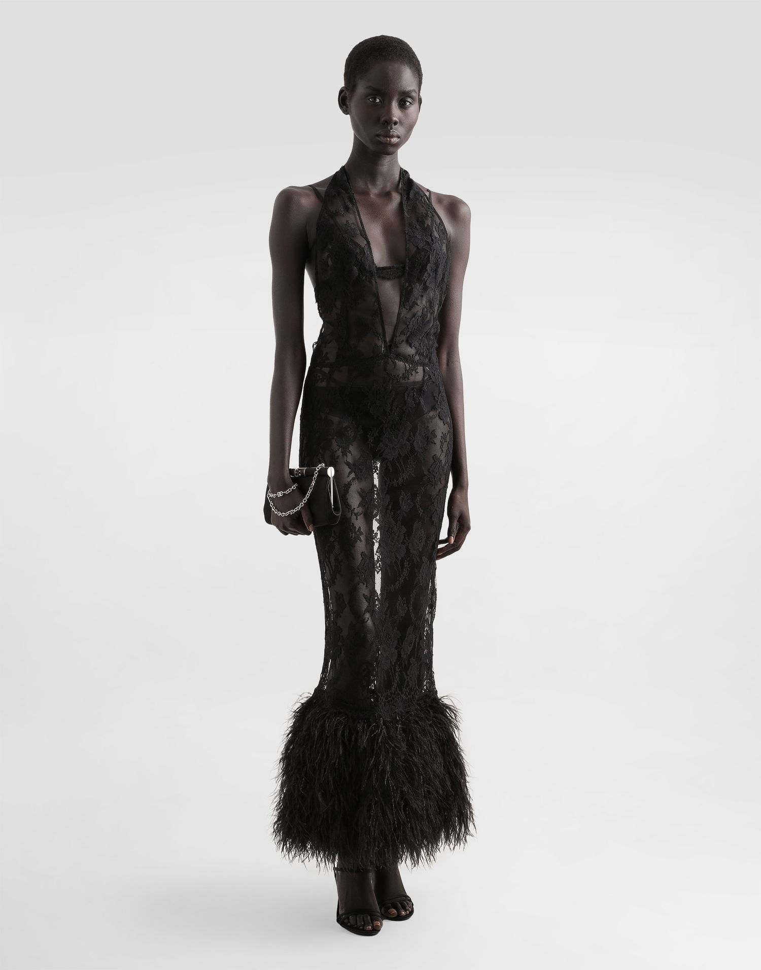 Pокля Dolce & Gabbana Dolce & Gabbana Chantilly Lace Halter Dress with Feather Trim Черно | F60DFZHLMQJN0000, 1