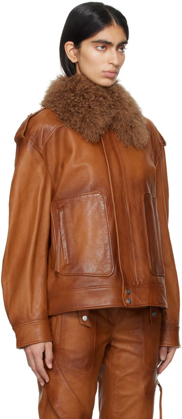 Яке бомбър Blumarine Spread Collar Leather Biker Jacket With Fur Черно | P422L043A, 4