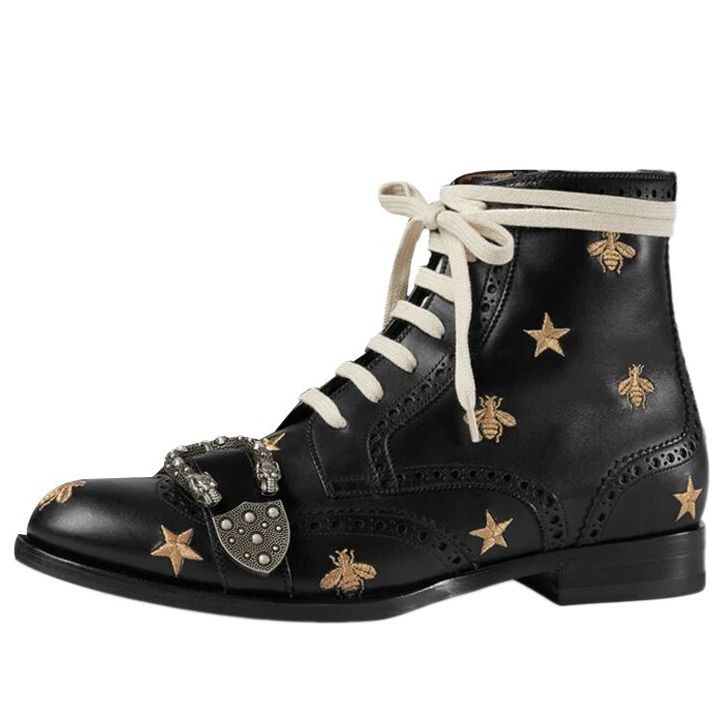 Кецове и обувки Gucci Lace-Up Boots With Metal Bee Accent Черно | 496272-ARP00-1000