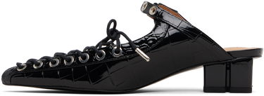 Кецове и обувки GANNI GANNI Croc-Embossed Patent Leather Eyelets Lace-Up Block-Heel Mules Черно | S3009, 2