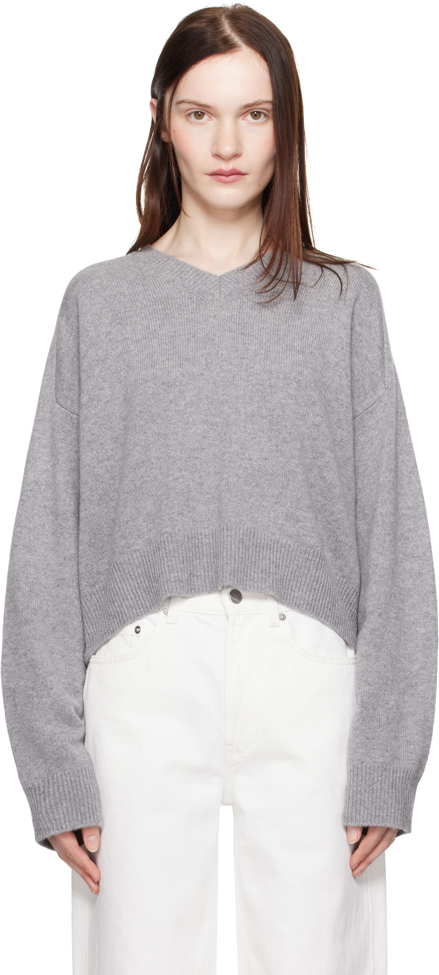 Пуловер Loulou de Saison Loulou de Saison Anzor Cropped V-Neck Sweater Сиво | ANZOR, 0