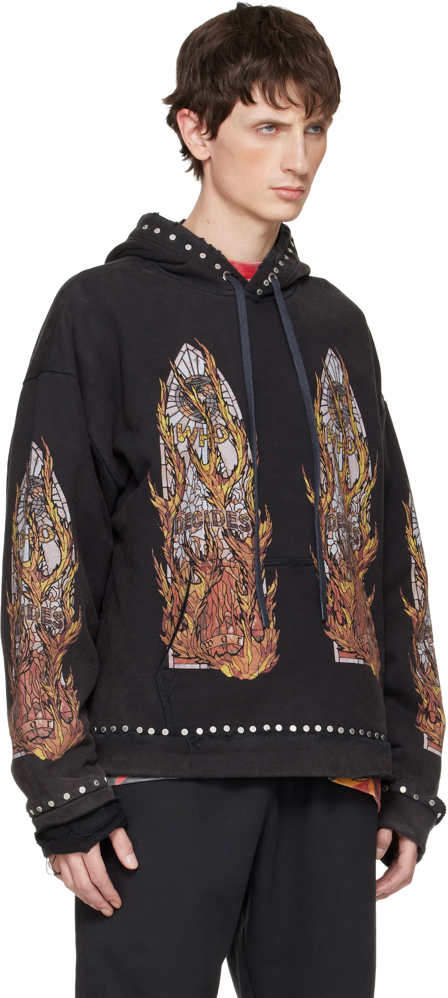 Суитчър Who Decides War Studded Stained Glass Flame Graphic Hoodie Черно | 1110420002FW25, 1