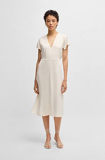 Pокля BOSS Stretch V-Neck Midi Dress Бяло | 50537397, 1