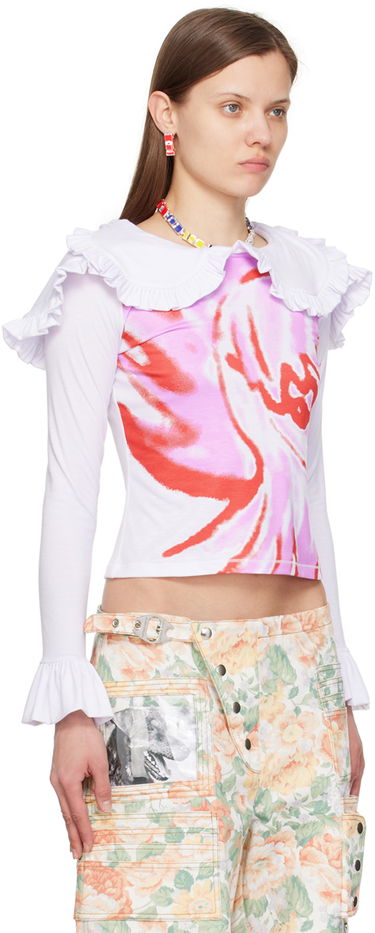 Съкратен топ Chopova Lowena Chopova Lowena Ruffle Collar Long Sleeve Graphic T-Shirt Бяло | W6329, 1