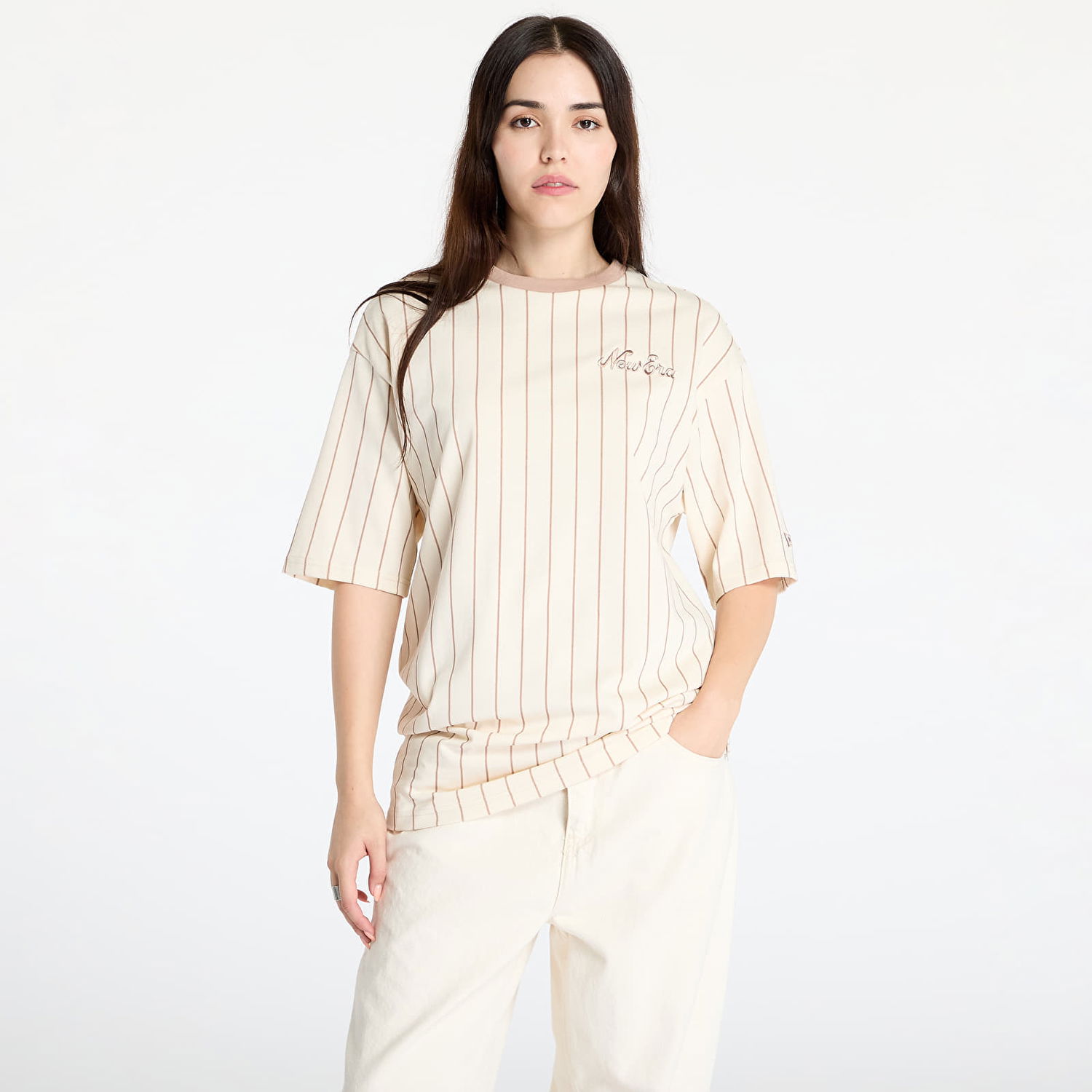 Тениска New Era Pinstripe Oversized Tee UNISEX Light Cream Бежово | 60564847, 1