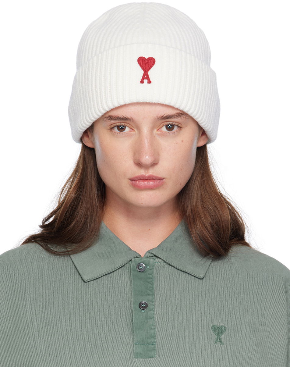 Шапка AMI Paris Off-White Red de Cœur Beanie Бяло | UHA116.018, 0