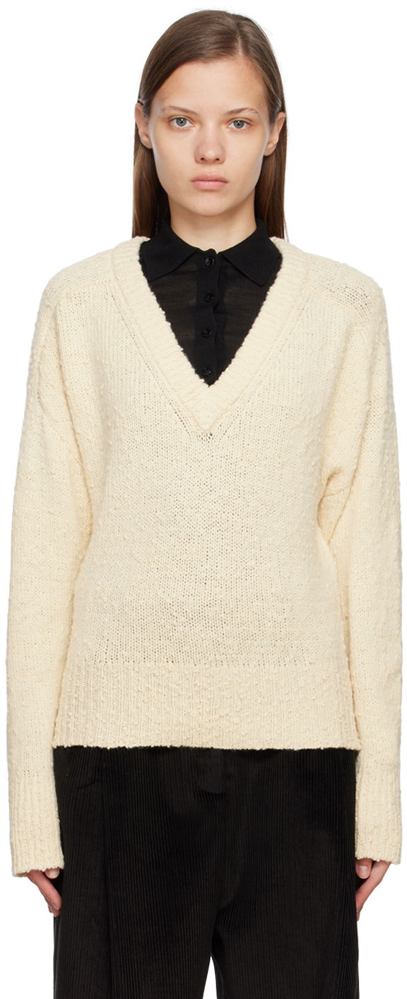 Пуловер TOTEME Textured Knit V-Neck Sweater Бяло | 224-5106-324