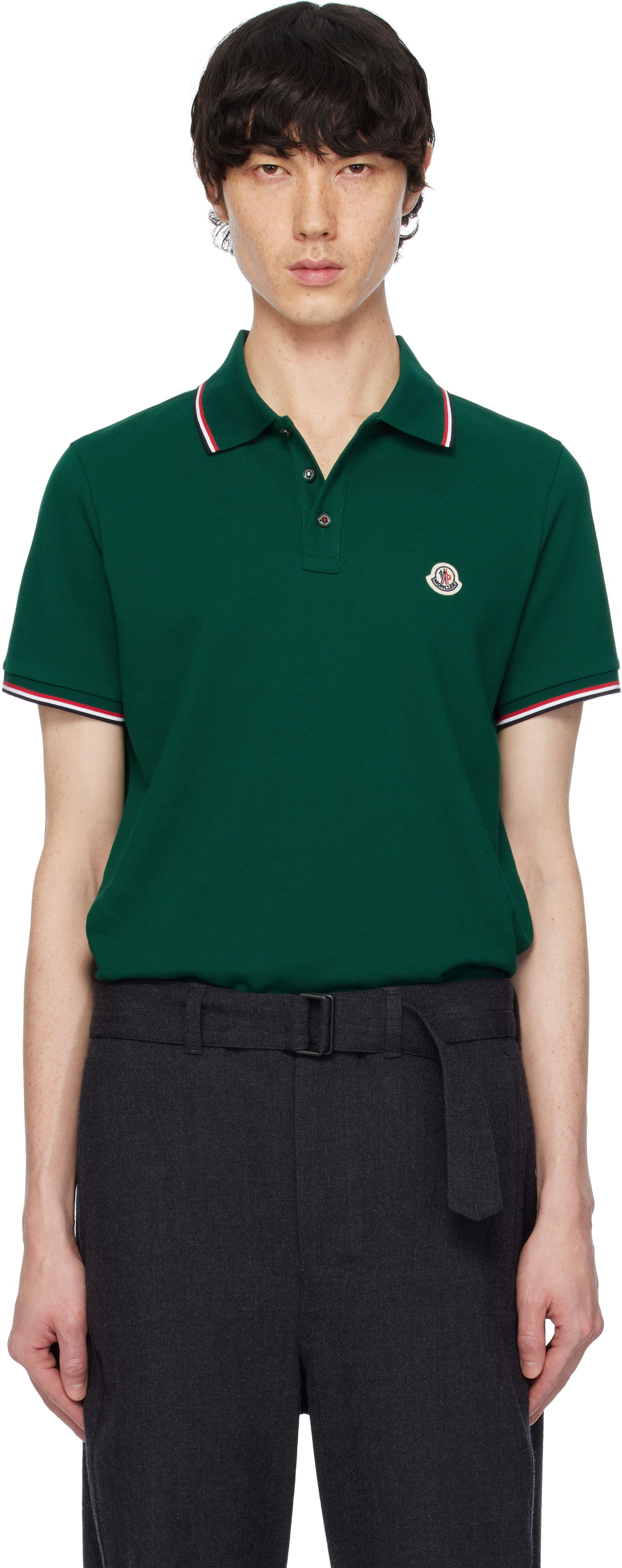 Поло тениска Moncler Moncler Cotton Piquet Polo Shirt with Tricolor Trim Зелено | K10918A7030084556, 0
