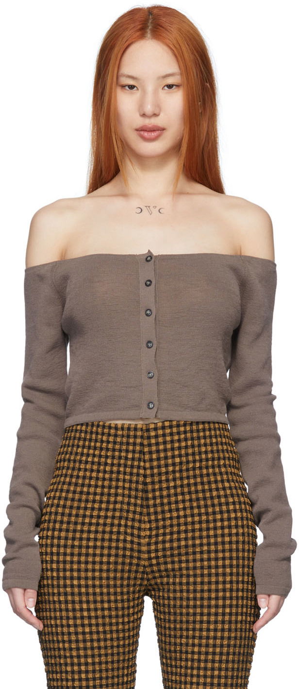 Съкратен топ Nanushka Off-The-Shoulder Button-Up Cardigan Кафяво | NW22SSSW00177, 0
