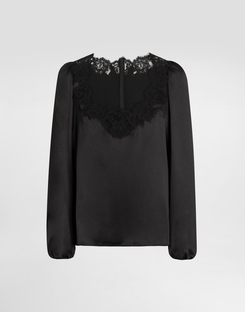 Риза Dolce & Gabbana Dolce & Gabbana Silk Stretch Satin Blouse with Scalloped Lace Yoke Черно | F7BF3TFURAGN0000