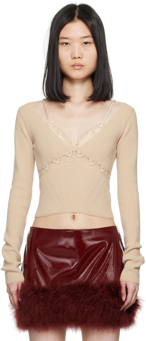 Съкратен топ Blumarine Lace Trimmed Knit Top Бежово | A422M460A