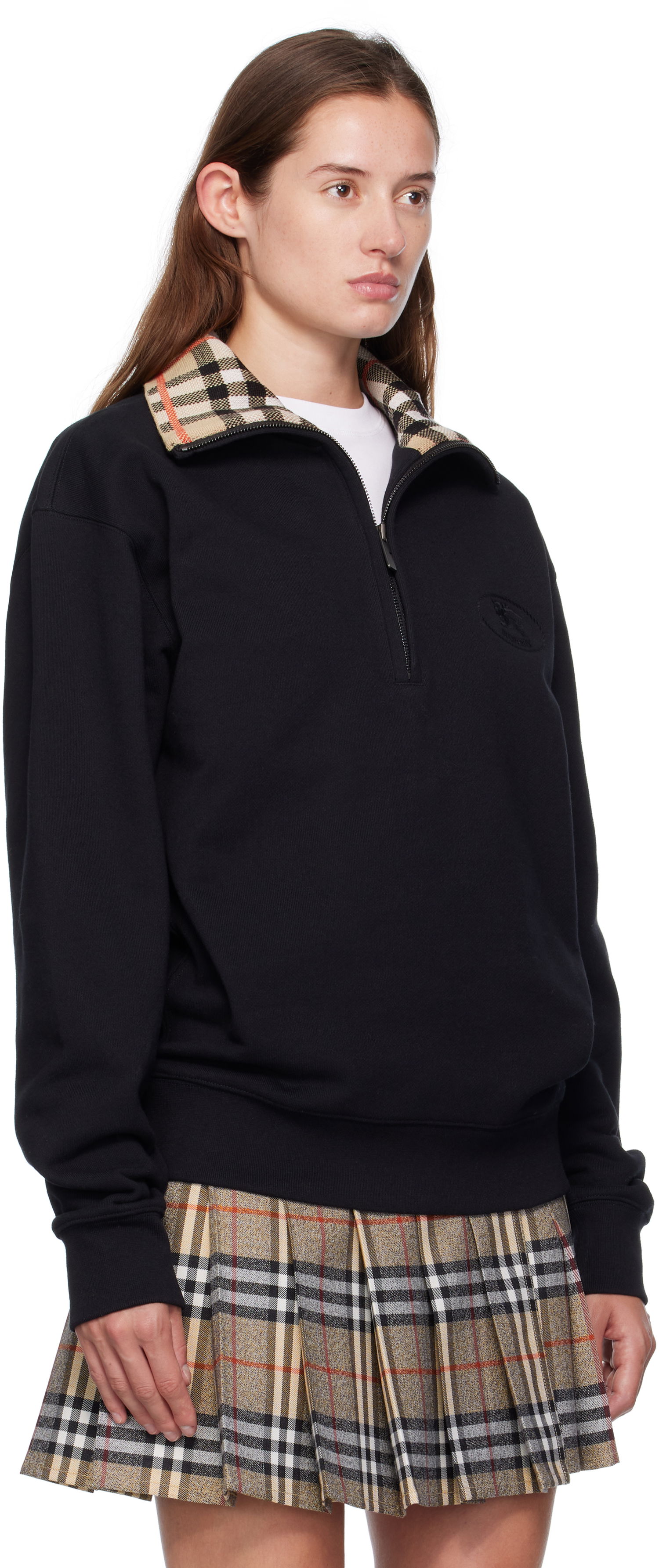 Суитчър Burberry Burberry Check Collar Quarter-Zip Sweatshirt Черно | 8109063, 1