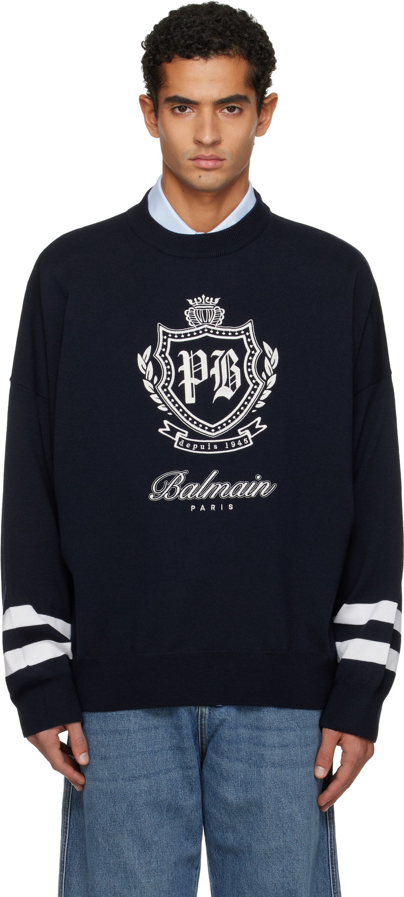 Пуловер Balmain Crewneck Knit Sweater with College Emblem and Striped Cuffs Тъмно синьо | FH0KE050KJ21