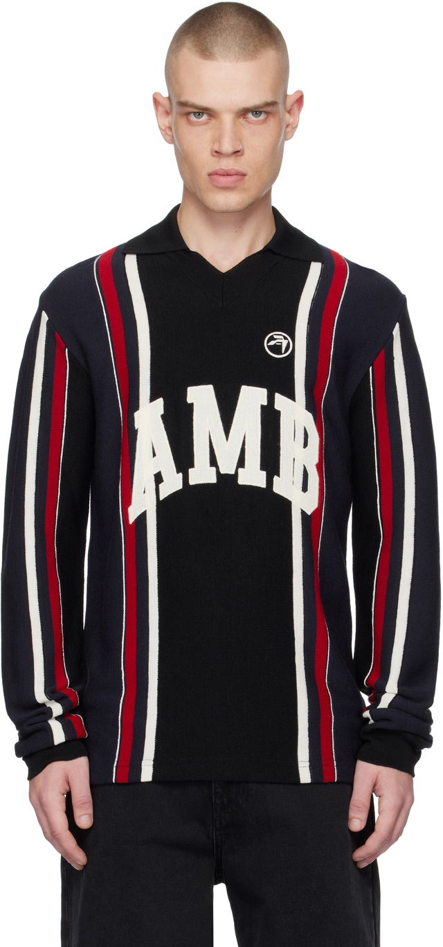 Striped Long Sleeve Polo With Logo Embroidery