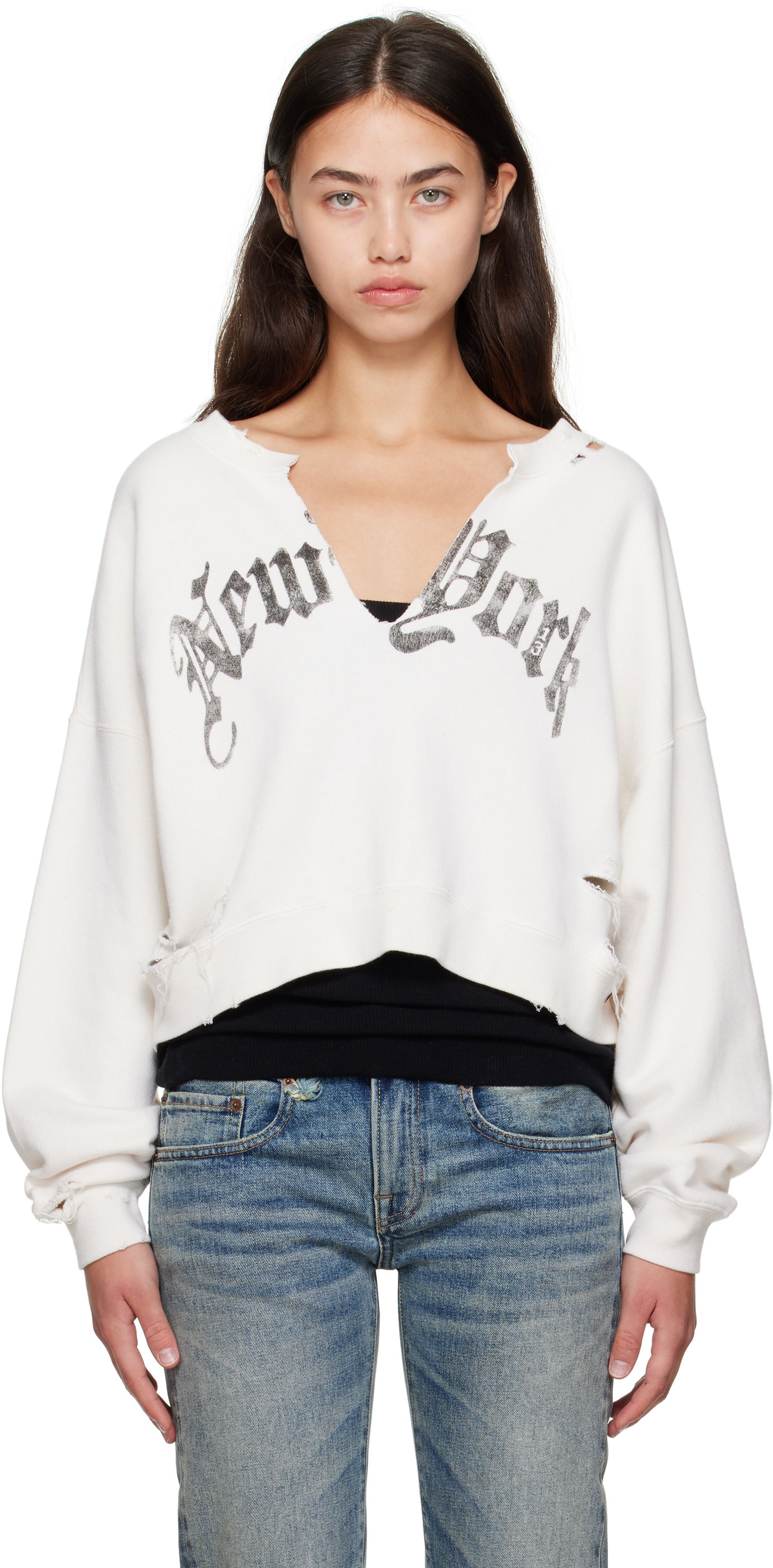 Суитчър R13 R13 Cropped Front Slit 'New York' Sweatshirt Бяло | R13WK251-K099B, 0