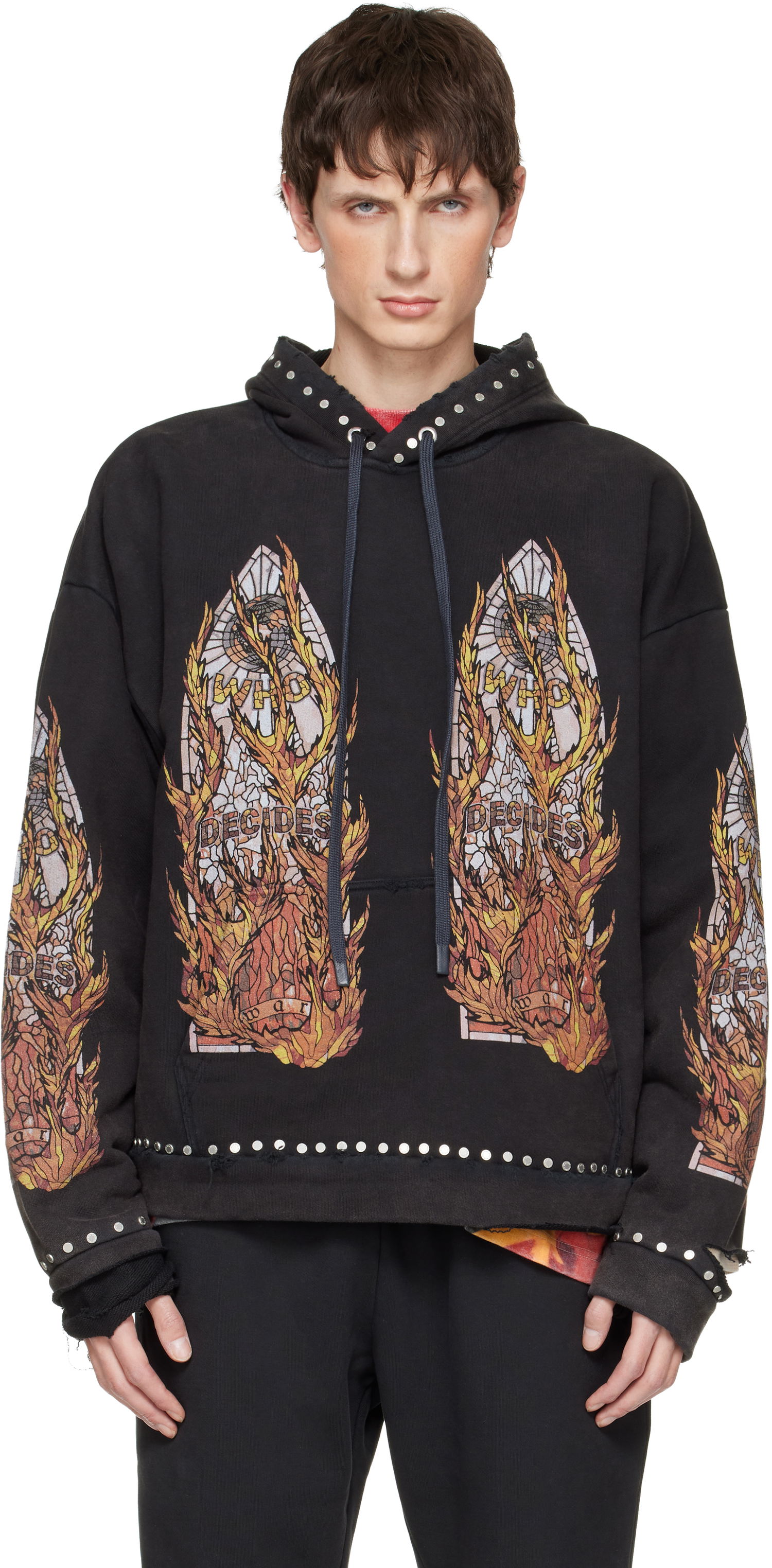 Суитчър Who Decides War Studded Stained Glass Flame Graphic Hoodie Черно | 1110420002FW25, 0