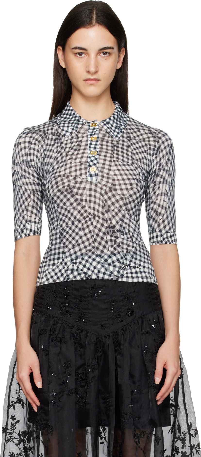 Поло тениска GANNI Sheer Cotton Gingham Printed Polo Shirt Многоцветен | K2492