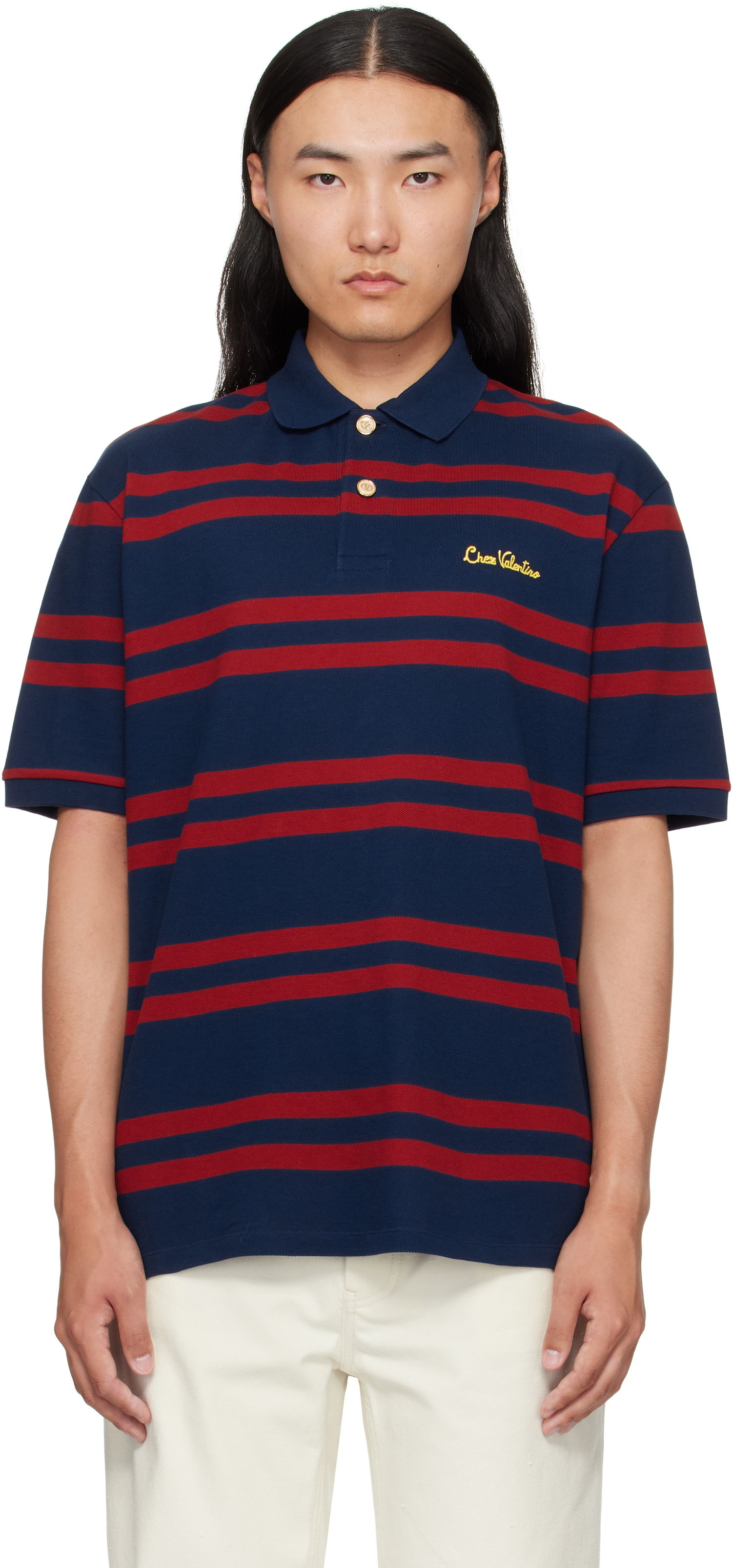Поло тениска Valentino Valentino 'Chez Valentino' Cotton Piqué Polo Тъмно синьо | 7V3MH04CAYN, 0