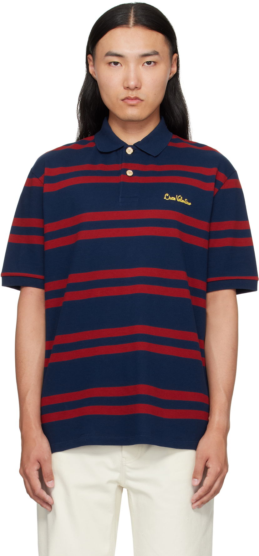 Поло тениска Valentino Valentino 'Chez Valentino' Cotton Piqué Polo Тъмно синьо | 7V3MH04CAYN