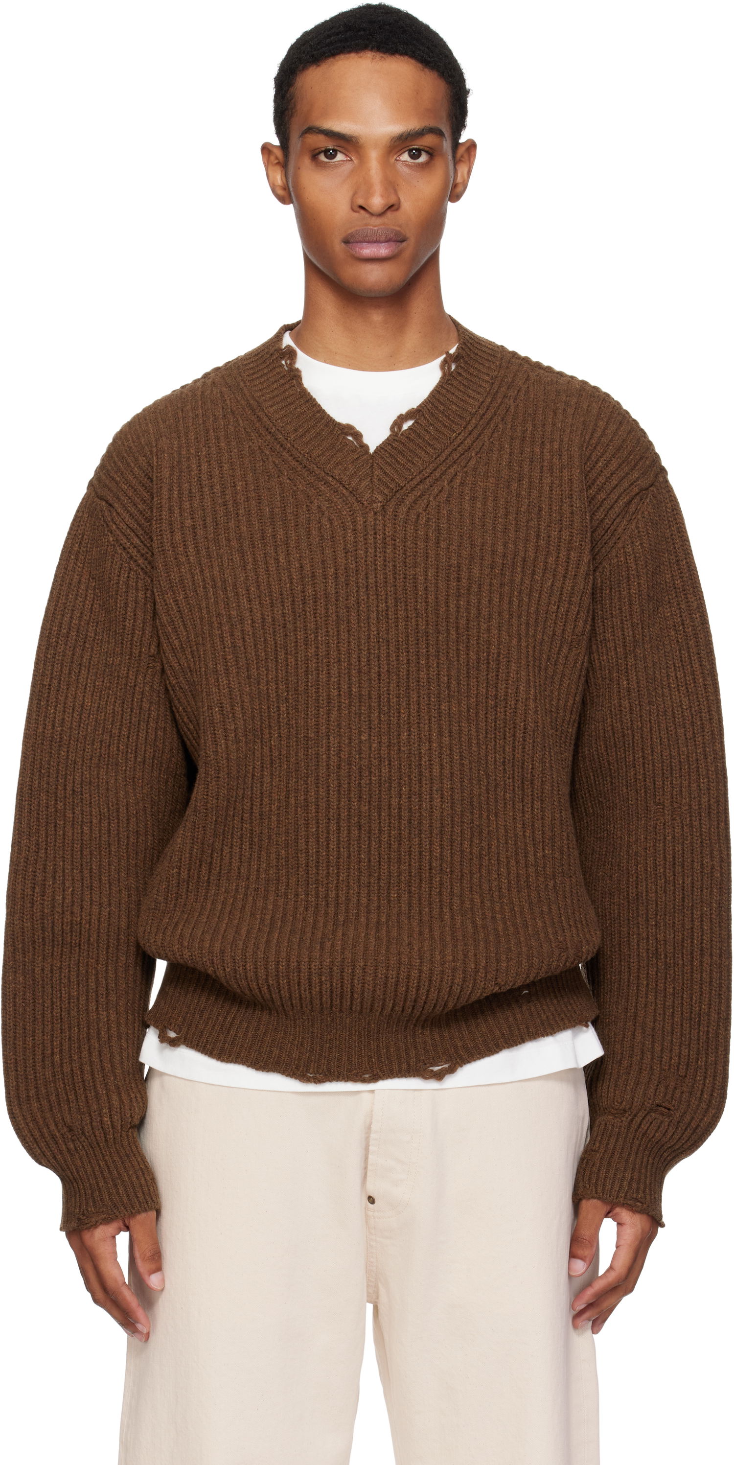 Пуловер Maison Margiela MM6 Maison Margiela Ribbed Wool Knit V-Neck Sweater Кафяво | SH0HN0003 M13138, 0