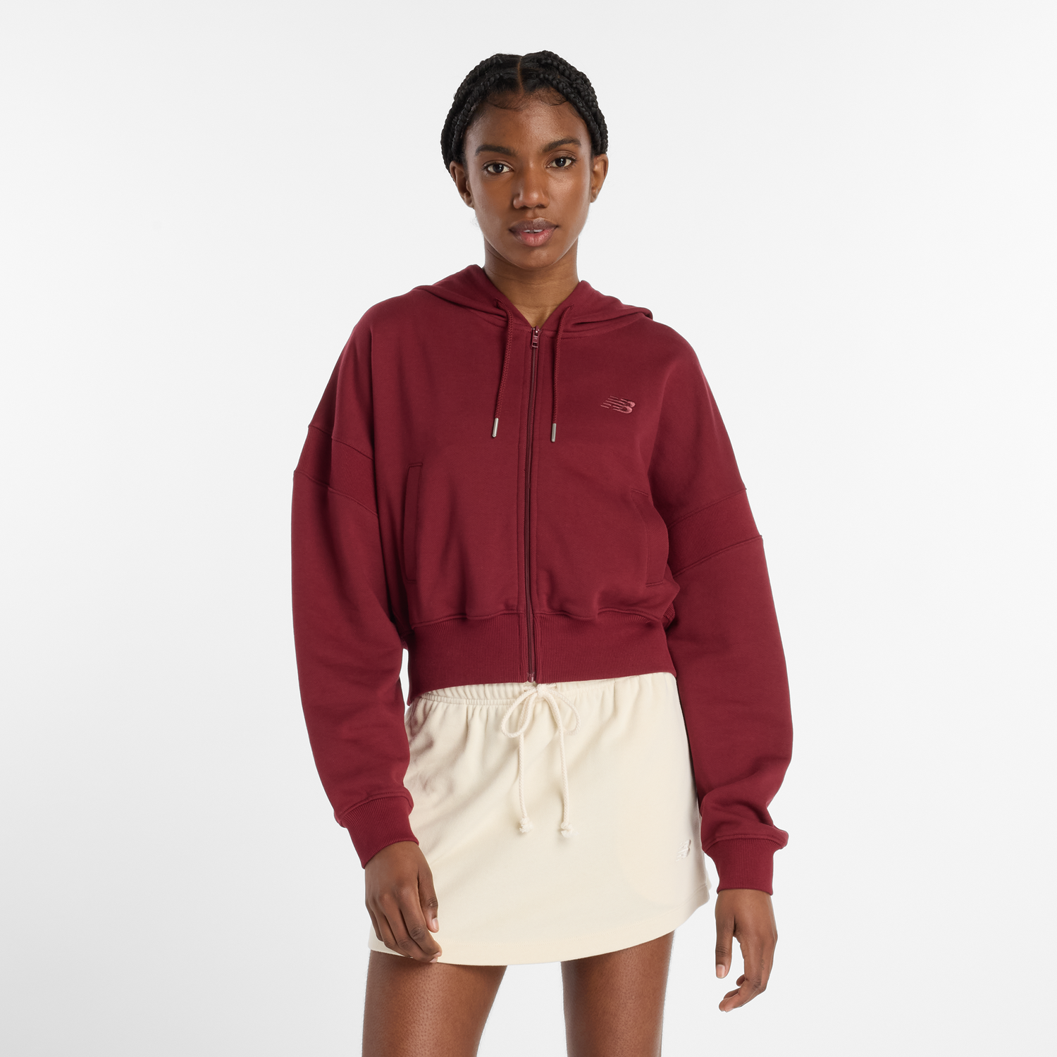 Суитчър New Balance Cropped Full-Zip Hoodie Бургунди | NBWJ51506MHB, 0