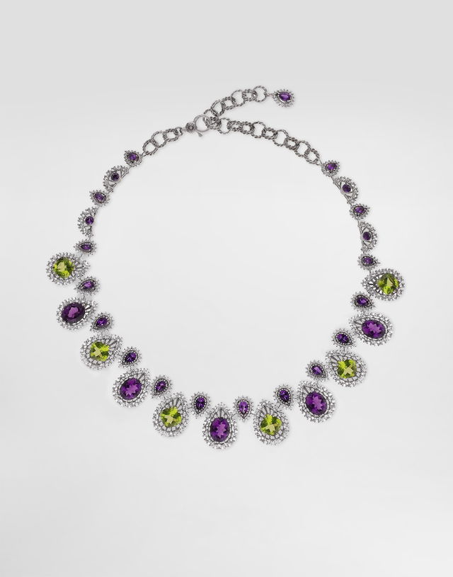 Dolce & Gabbana Eleganza 18K White Gold Necklace with Amethysts, Peridots, and Sapphires