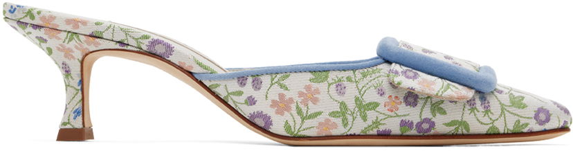 Аксесоари Manolo Blahnik Manolo Blahnik Maysalebica Floral Kitten Heel Mules Бяло | 423-1767