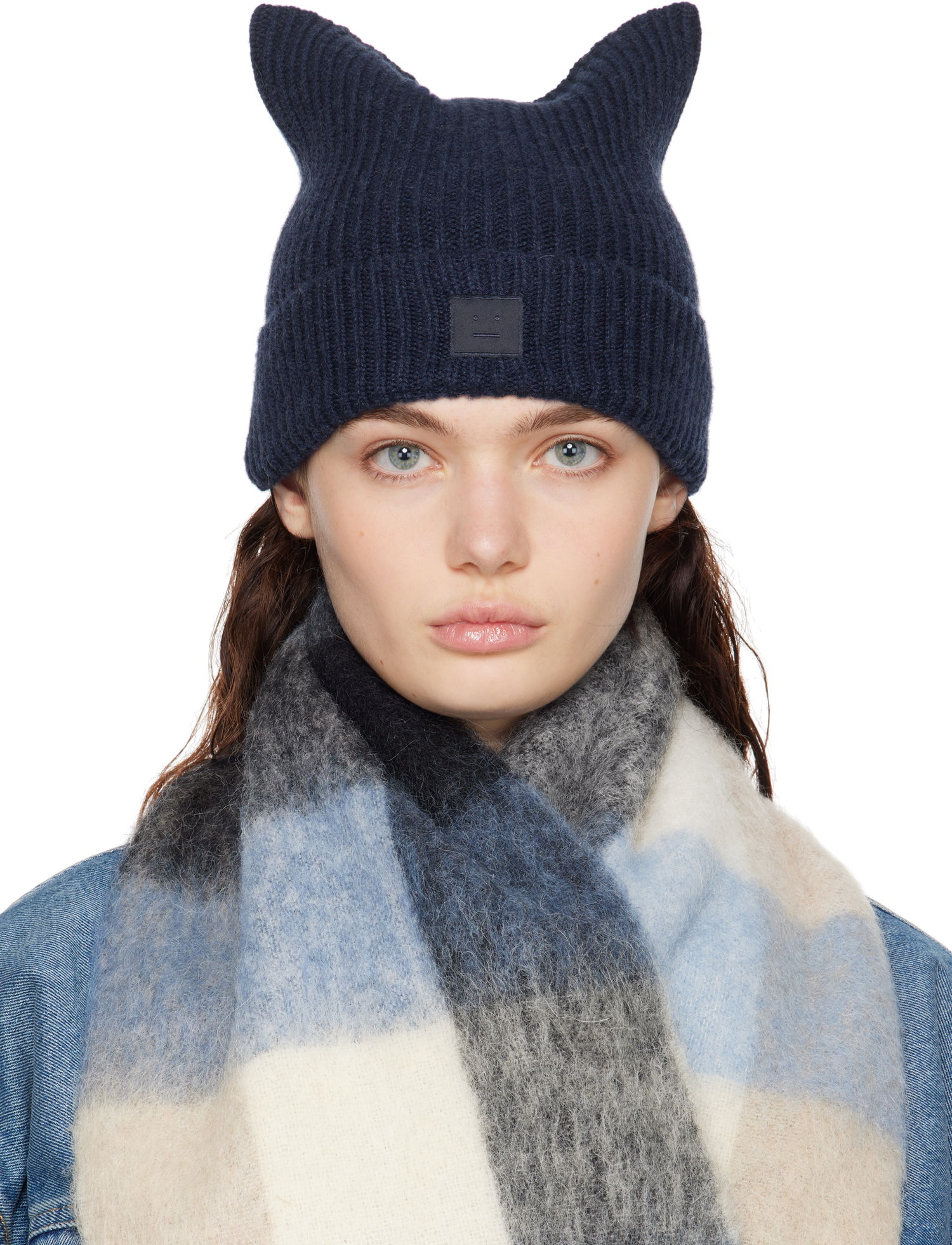 Шапка Acne Studios Acne Studios Knit Cat-Ear Beanie with Face Logo Тъмно синьо | C40392-, 0