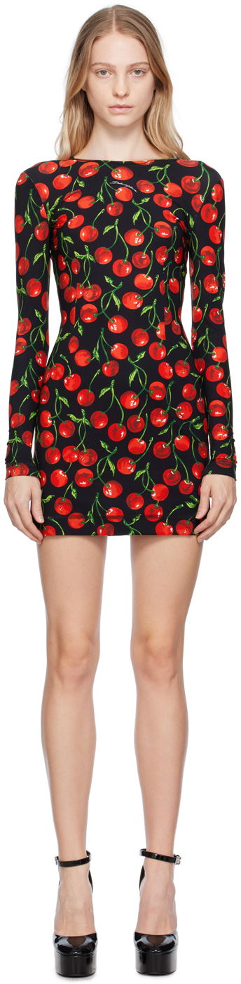 Black & Red Cherry Print Minidress