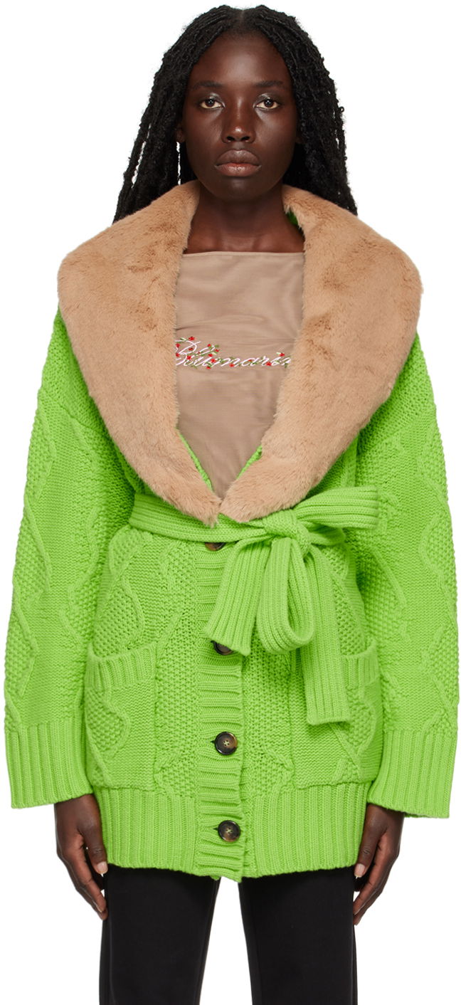 Яке Blumarine Faux Fur Collar Cable Knit Cardigan Зелено | 2 M220A, 0