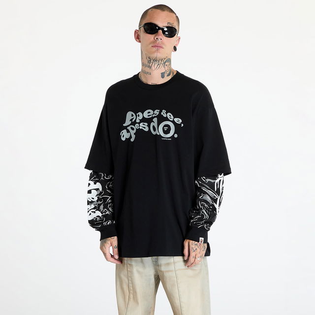 A BATHING APE Marbling Camo Multi Logo Layered Sleeves Ls Tee Black