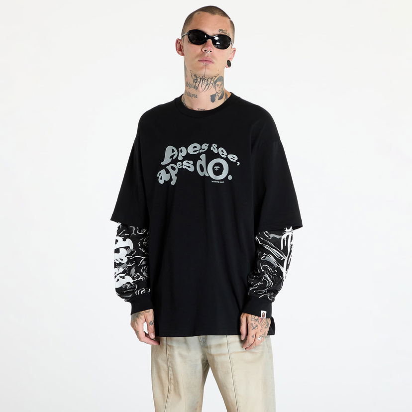 Тениска BAPE A BATHING APE Marbling Camo Multi Logo Layered Sleeves Ls Tee Black Черно | 001LTK801303M BLK