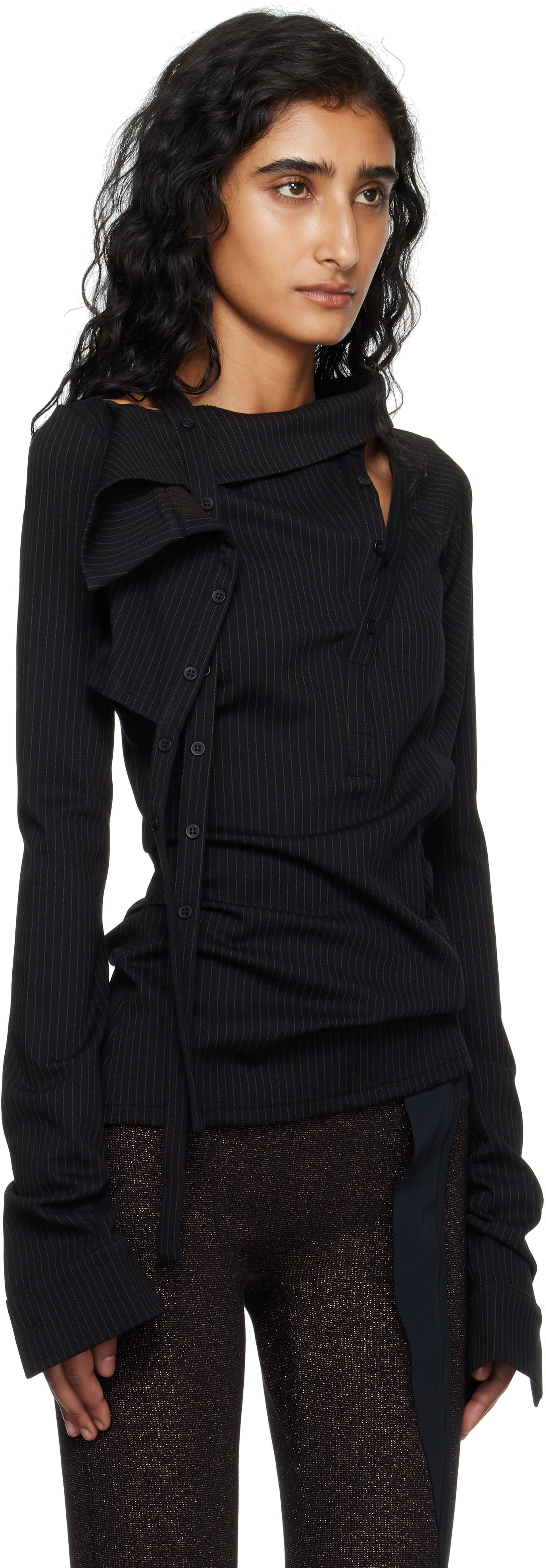 Риза Ottolinger Ada Pinstripe Asymmetric Long Sleeve Blouse Черно | 102-105904-01, 1