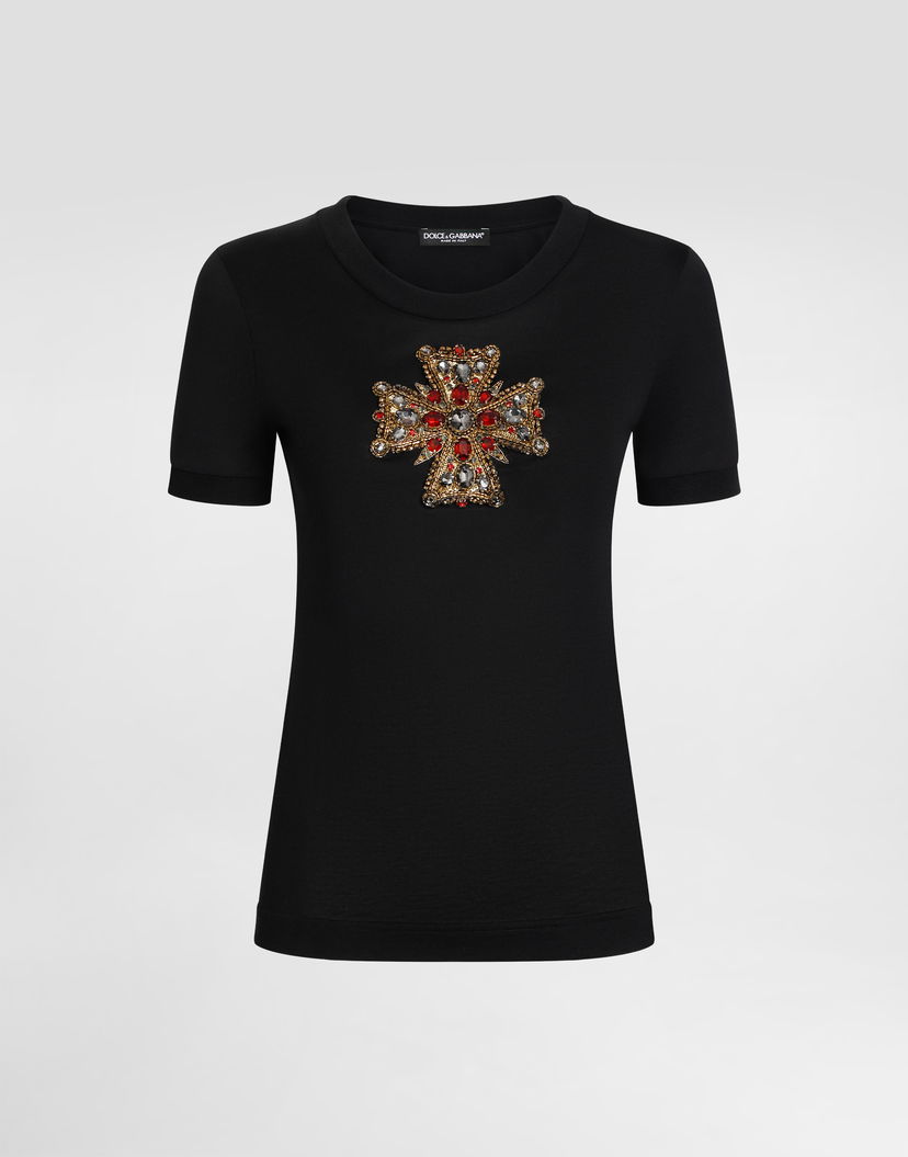 Тениска Dolce & Gabbana Dolce & Gabbana Cotton T-Shirt with Swarovski Embellished Cross Черно | F8N08ZGDC7GN0000