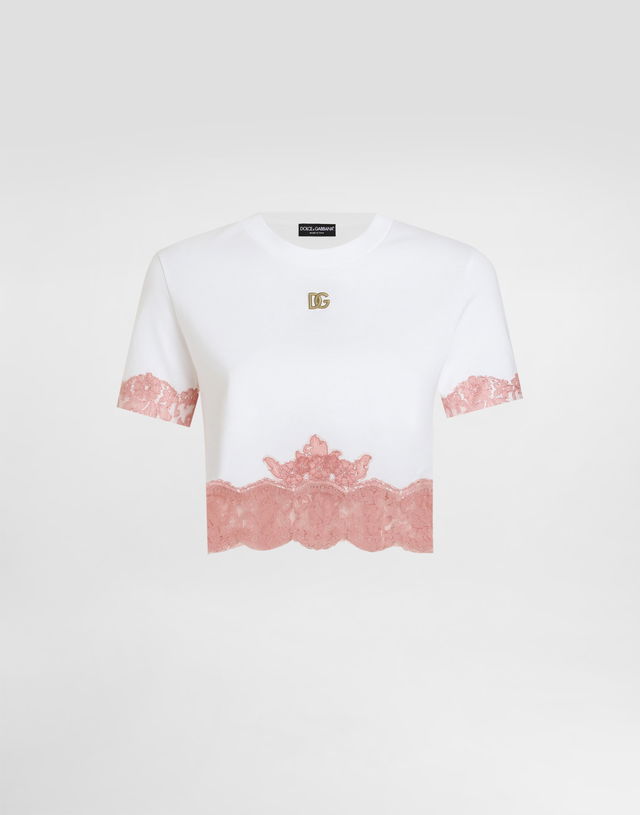 Dolce & Gabbana Cropped Jersey T-Shirt with DG Logo and Lace Inserts