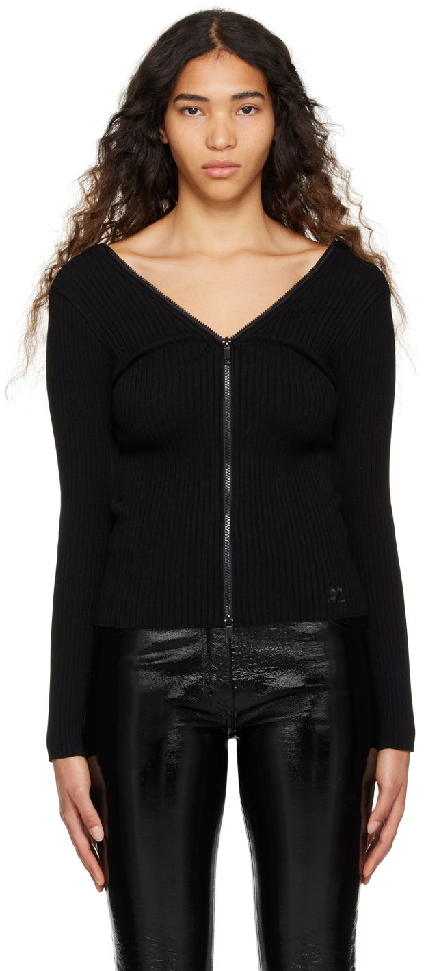Пуловер Courrèges Ribbed Long-Sleeve V-Neck Full-Zip Cardigan Черно | 123MGI007FI0001