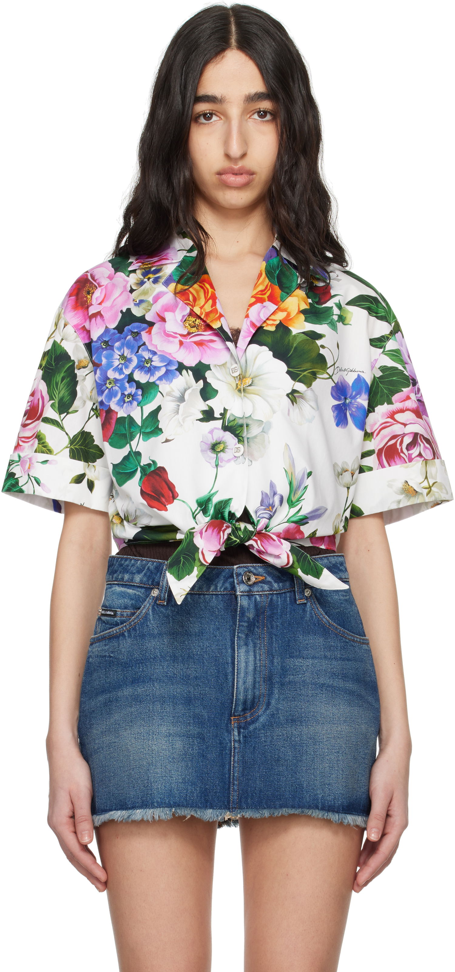 Риза Dolce & Gabbana Dolce&Gabbana Floral Print Tie-Front Shirt Бяло | F5T30T HS5S6, 0