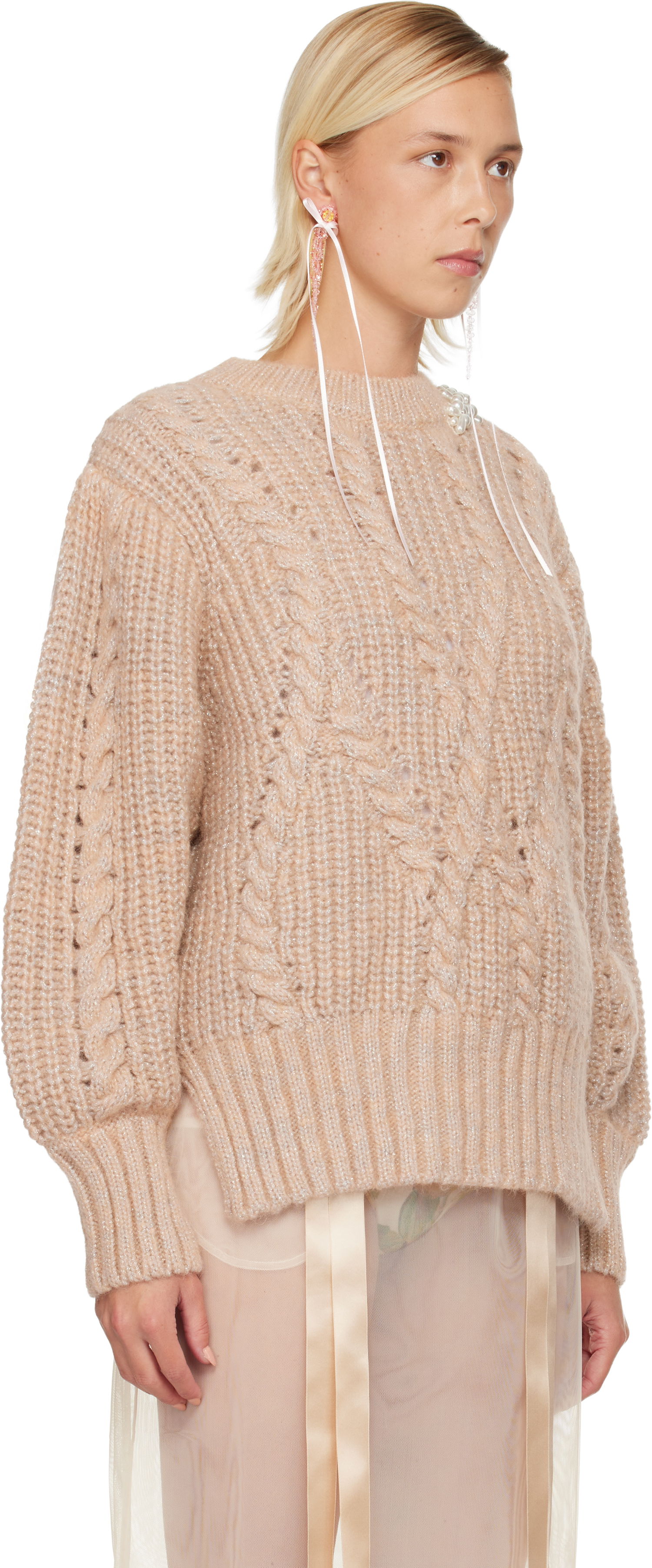 Пуловер Simone Rocha Simone Rocha Embellished Puff Sleeve Chunky Knit Sweater Бежово | MZMK4B 0665, 1