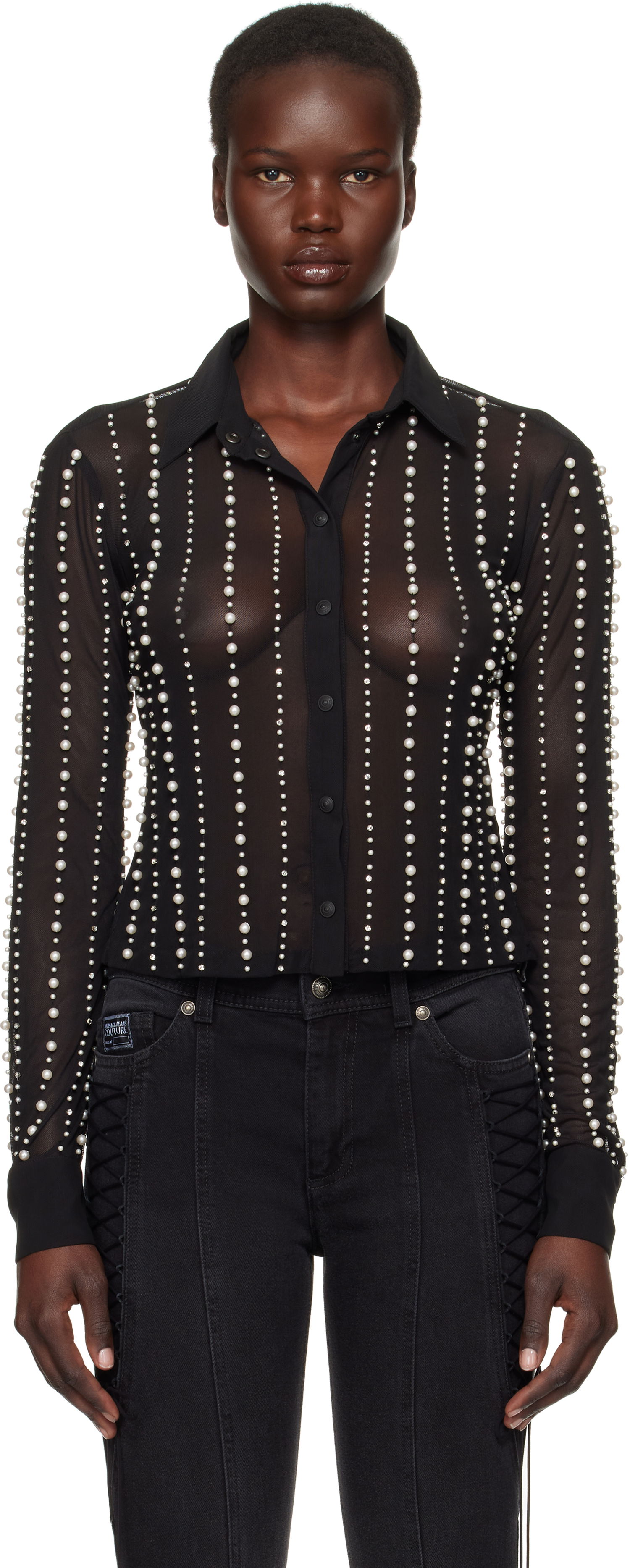 Риза Versace Embellished Sheer Button-Up Shirt Черно | E77HALI13_ECJM01, 0